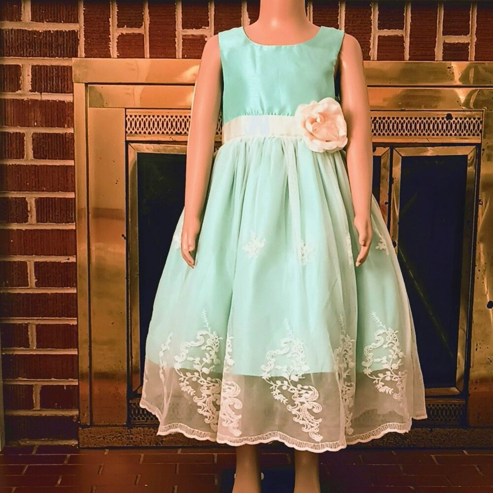 Floral Embroidered Lace Tulle Dress 6X Seafoam Lg Ivory Flower Crinoline Wedding